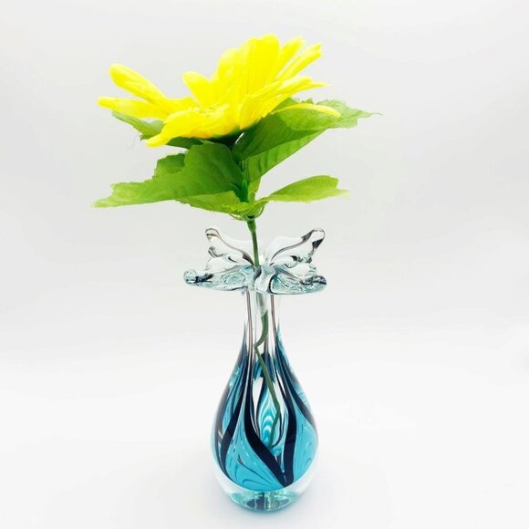 Vintage OBG Ornamental Blown Glass Turquoise & Black Blue Bud Vase - Picture 7 of 7